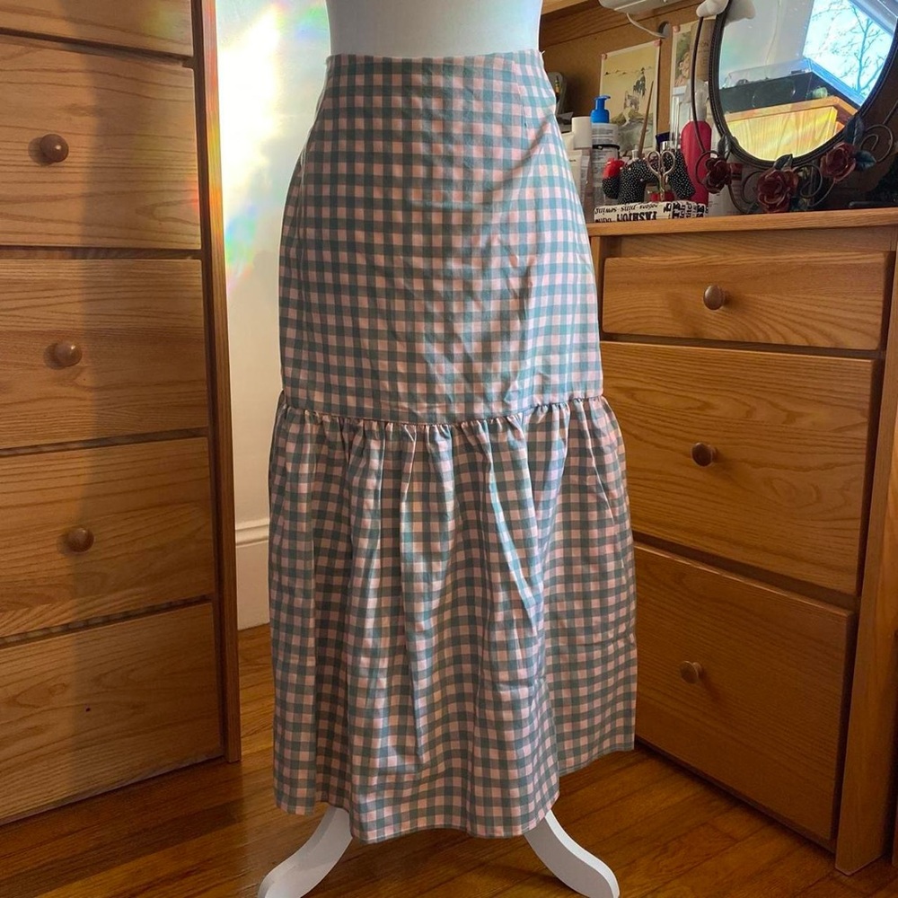NWOT Cottagecore Checkered Gingham Pastel Pink Green Maxi Midi Skirt With Slit